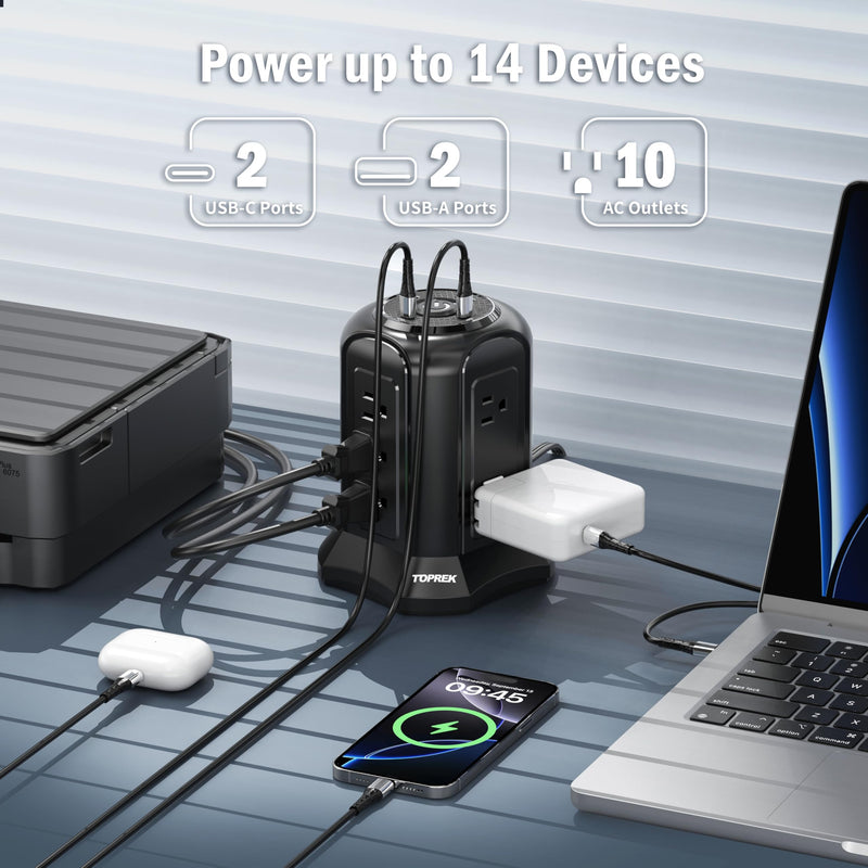 Tower Power Strip Surge Protector 2100J – 10 Outlets, 2 USB-C (20W PD), 2 USB-A, 6.5FT Flat Plug Extension Cord for Home Office, Dorm, Desktop Black
