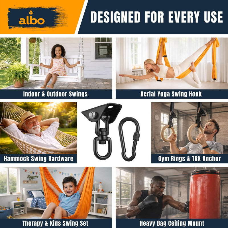 Albo Heavy Duty Swing Hangers 2 Pack, 2650 LBS, 360° Swivel Ceiling Mount Bracket with Carabiners – Hammock Chair, Porch Swing, TRX, Punching Bag, Hardware for Wood & Concrete Black 2 PCS