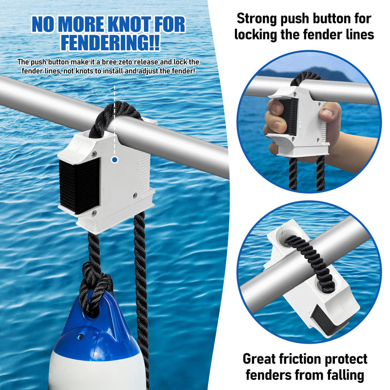 Boat Fender Hanger, Boat Rail and Cleat Fender Clips 4 Pack White, Quick Connect Fender Lines, Bumper Adjuster, Fits 1/4" - 1/2" Fender Lines, Rails up to 1” 4Pcs