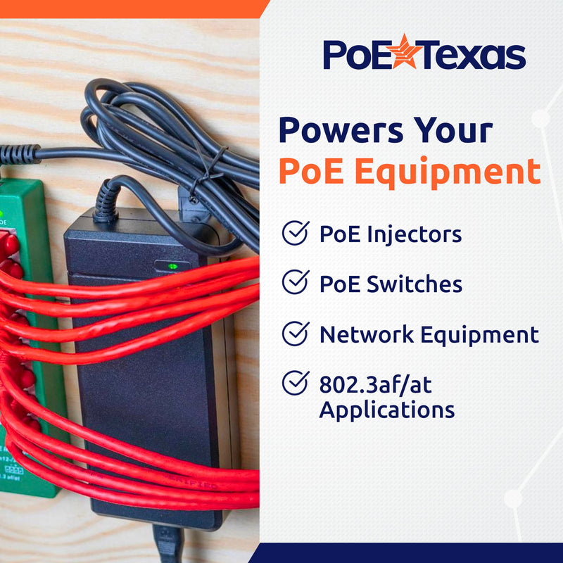 PoE Texas 48 Volt 120 Watt DC Power Supply with Wall Mount Tabs - Compatible with Power Over Ethernet Injectors, Switches, and Other Applications - 100-240V AC Input - 5.5X 2.1mm DC Barrel Connector 48V 120W