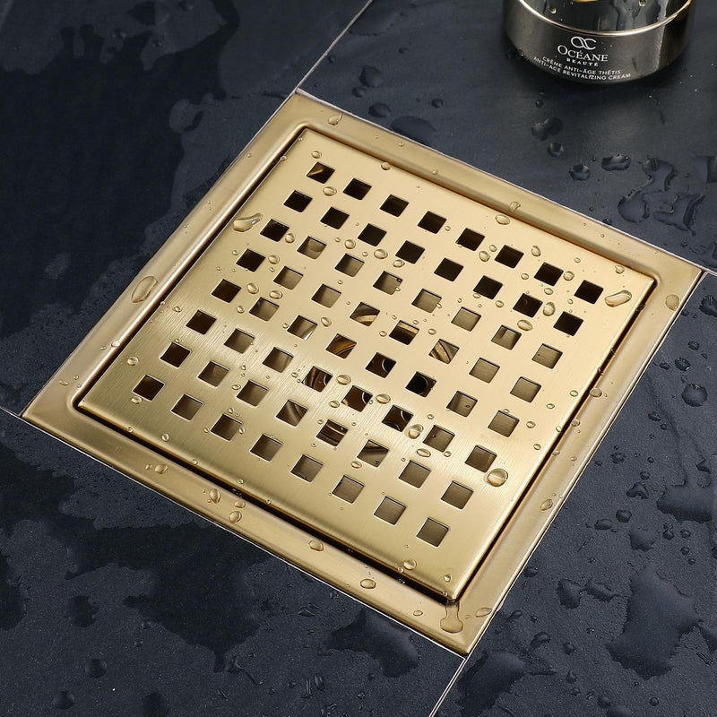 4 Inch Square Shower Floor Drain, Stainless Steel Black Shower Drain Kit with Flange, Floor Drain with Removable Grid Cover,Brushed Gold 4 inch-Grid Brushed Gold