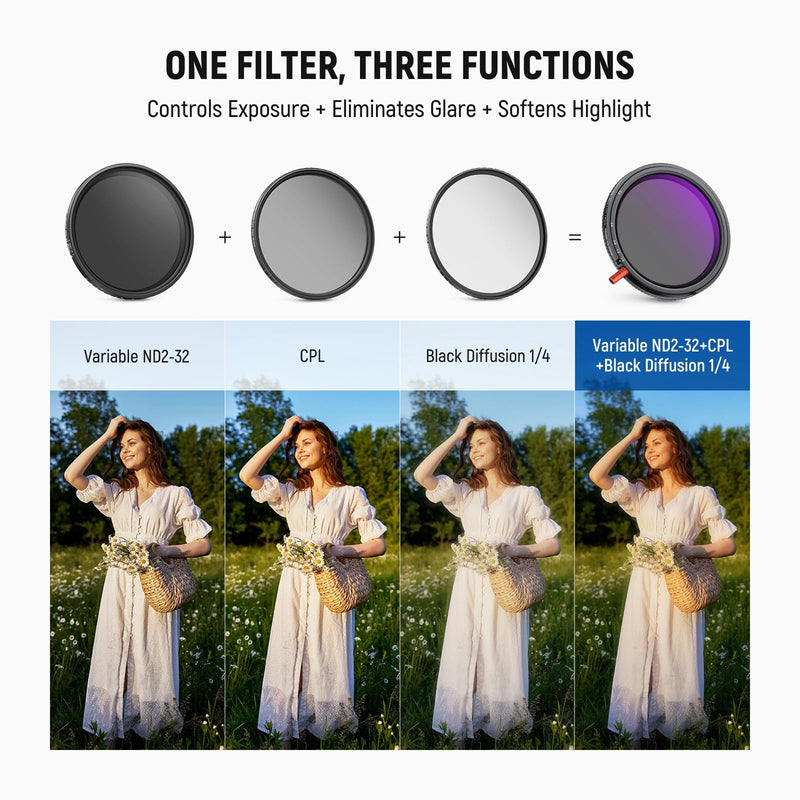 NEEWER 62mm 3 in 1 Variable ND + CPL + Black Diffusion 1/4 Lens Filter | HD ND2-32 Circular Polarizer Black Diffusion 1/4 Filter for Mist Cinematic Effect Filter Photography Camera Accessories