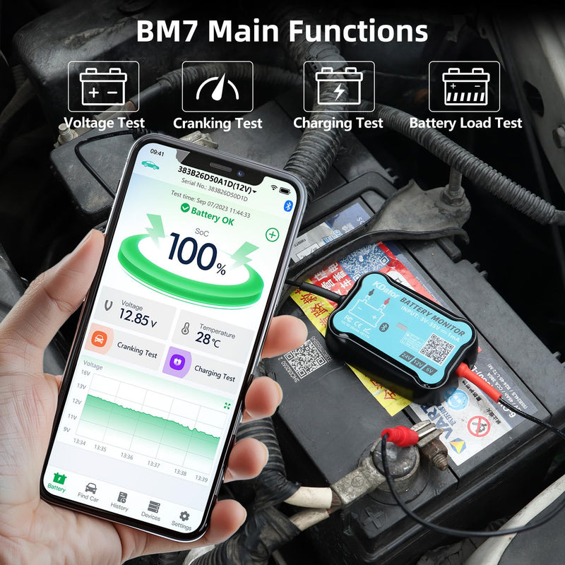 6V 12V 24V Bluetooth Battery Monitor BM7–Work for All Lead-Acid & Lithium Battery with Charging, Cranking System Test & Auto Alarm – Waterproof Voltmeter for Cars, Vans, Trucks, Motorcycles, Boats For 6-24V Lead-Acid & Lithium Battery