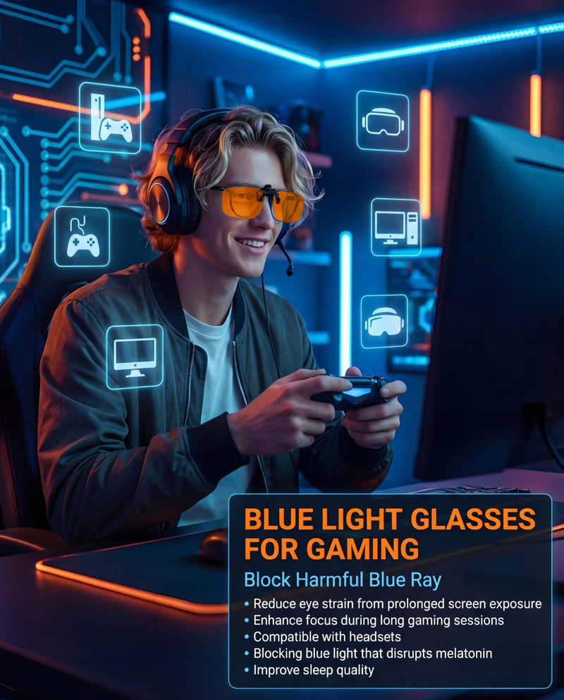 OptiCraft 3 Pack Clip On Blue Light Blocking Glasses, Flip Up Glasses | Computer Gaming, Eye Strain & Sleep Support, UV protection Multifocal Lenses, 12g Ultra Light Fit Over RX Eyeglasses Frame