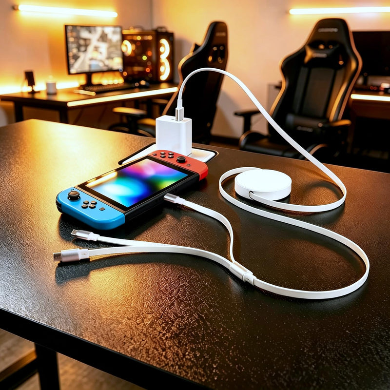 PD 45W USB Dual Port charger with 3-in-1 Retractable Cable | Dual USB-C and USB-A ports for controllers, gaming headsets, USB-C handheld consoles and everyday mobile devices