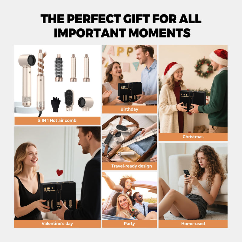 UKLISS Hair Styler 5 in 1 Airbrush 5 in 1 Airstyler Multi-Blow Dryer Brush | Air Brush 5 in 1 with Curl, Straighten, Wavy, Smooth, Magic Styler for All Hair Types and Lengths Gold