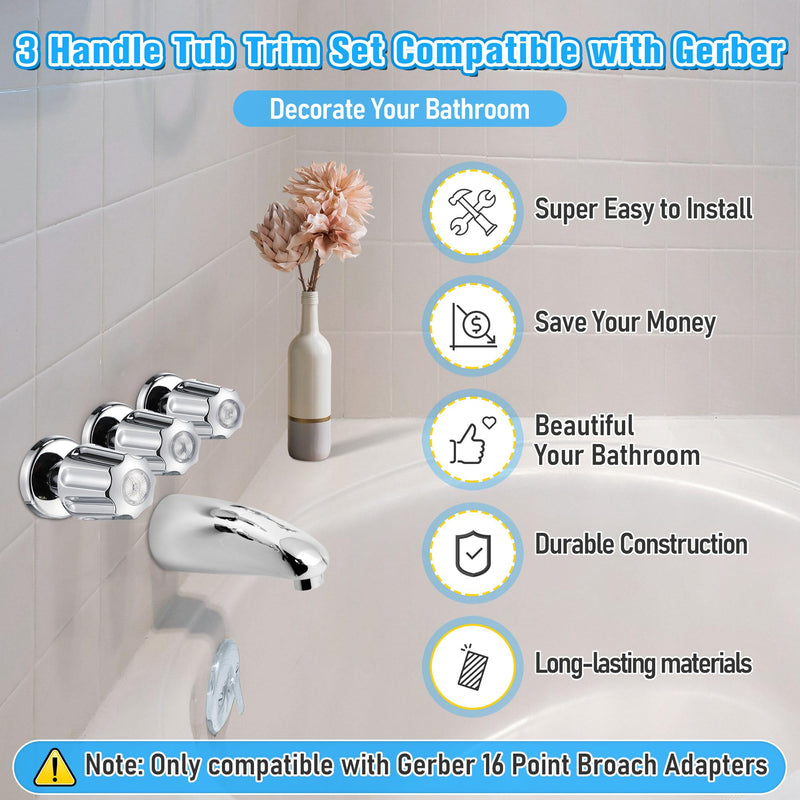 Enhon 3 Piece Shower Knobs Replacement with 3 Adapters Compatible with Gerber 16 Point Broach Bathtub Faucet, Shower Faucet Handles for Short & Long Valve Stems