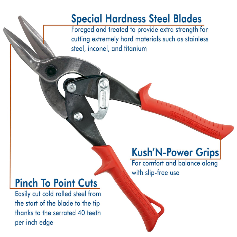 MIDWEST Special Hardness Aviation Snip - Left Cut Regular Stainless Steel Cutting Shears, Made in the USA - MWT-SS6716L