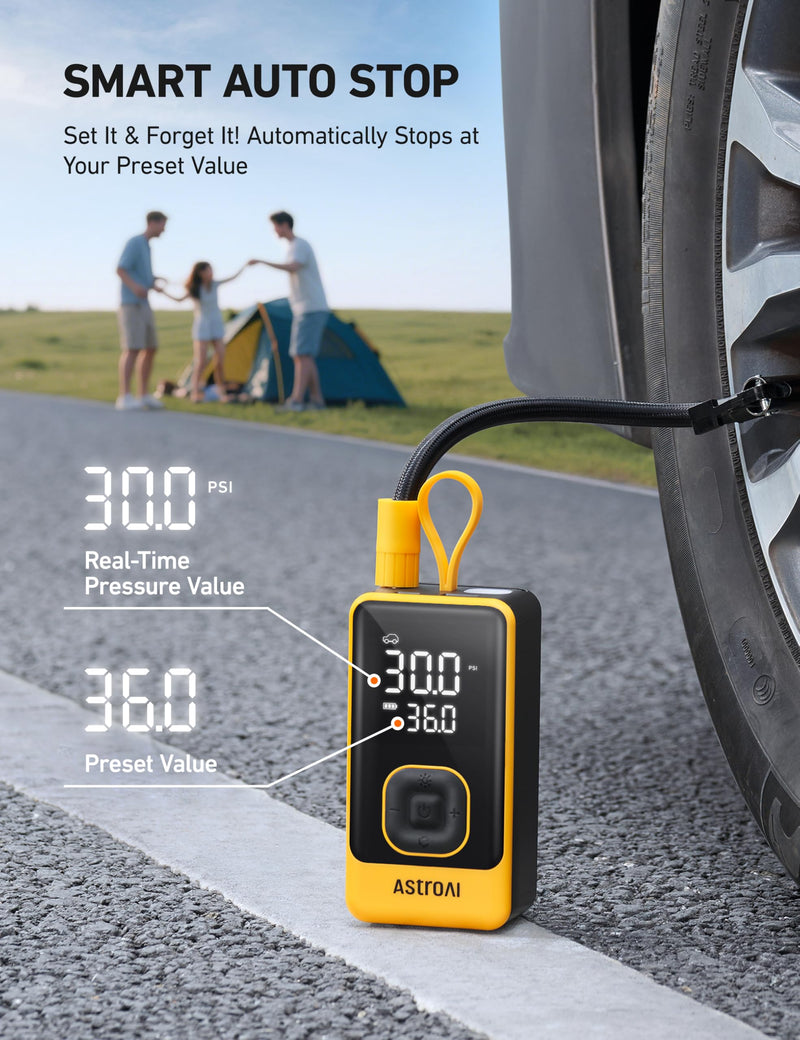 AstroAI L7 Air Tire Inflator Portable Air Compressor, 150PSI Electric Cordless Car Pump with Fast 1-min Inflation, Auto Shutoff, LED Light – Rechargeable for Car, SUV, Motorcycle, Bike Tires, Yellow