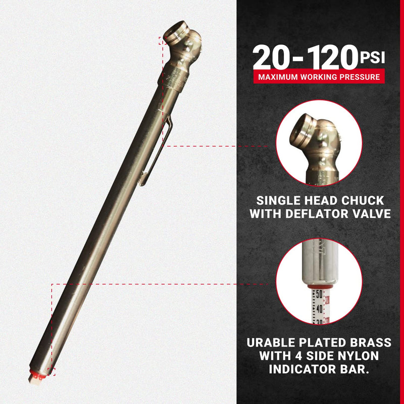 Milton S-925 Pencil Tire Pressure Gauge for Trucks, RV’s & Bicycle Tires, Single Head Chuck with Built-in Deflator Valve, Durable Plated Brass, Pressure Measured in PSI & kPa