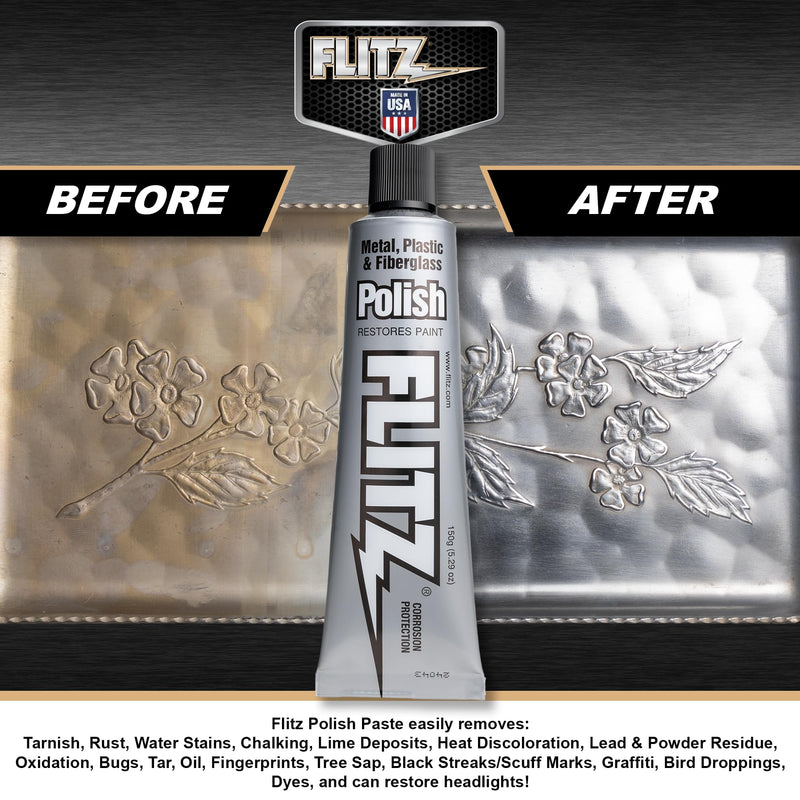 Flitz Metal Polish and Cleaner Paste, Also Works on Plastic, Fiberglass, Aluminum, Jewelry, Sterling Silver - Headlight Restoration and Rust Remover - Made in USA - 5.29 oz 5.29 Ounce (Pack of 1)