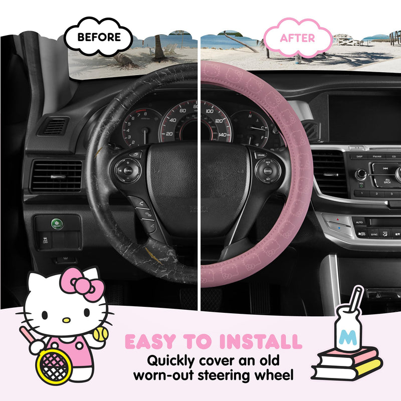 Sanrio Hello Kitty Pink Car Steering Wheel Cover, Universal Fit Cute Car Accessories for Women Stylish Decor Gifts Hello Kitty Accessories - Fits Standard Wheels 14.5"-15"