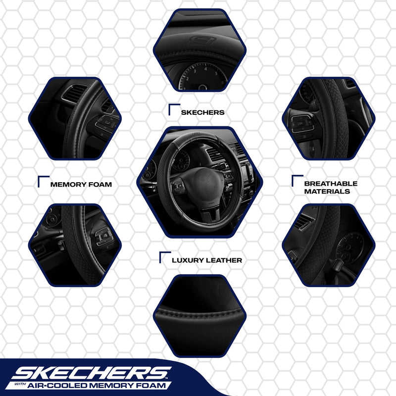 Skechers Air-Cooled Steering Wheel Cover,Leather Car Steering Wheel Cover Universal Fit 14" 1/2-15" Car Wheel Protector for Men Women Fit Suvs,Vans,Sedans,Car,Trucks,Black Black