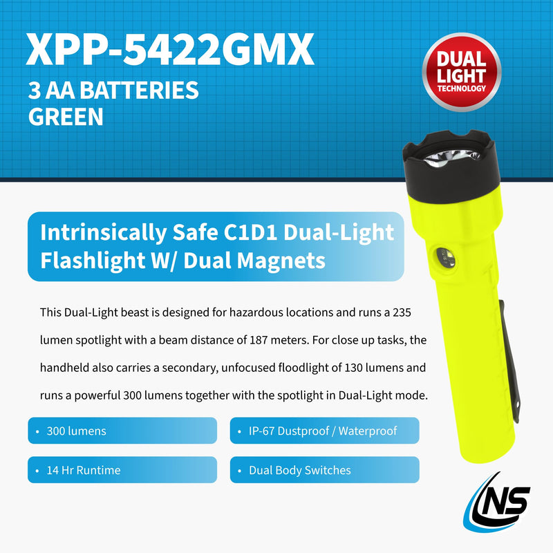 Nightstick XPP-5422GMX X-Series Intrinsically Safe Dual-Light Flashlight with Dual Magnets, Green/Black Green/Black - 2 magnets