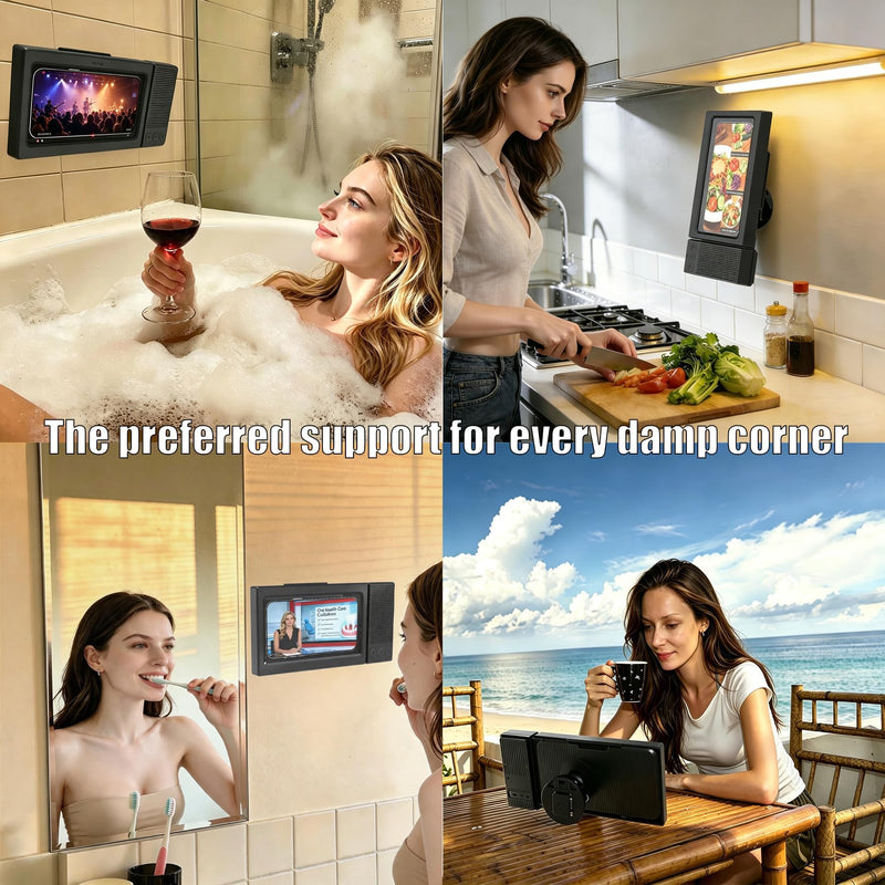 Shower Phone Holder with Wireless Bluetooth Speaker for iPhone,2026 New Waterproof 480° Rotation Adjustable Shower Phone Case Accessories, Wall Phones Mount Stand Speakers for Bathroom Mirror Black-Z09