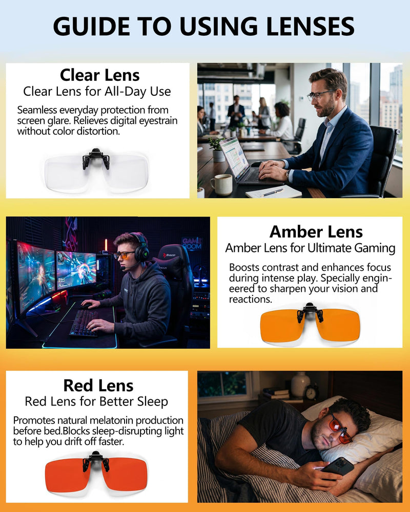 OptiCraft 3 Pack Clip On Blue Light Blocking Glasses, Flip Up Glasses | Computer Gaming, Eye Strain & Sleep Support, UV protection Multifocal Lenses, 12g Ultra Light Fit Over RX Eyeglasses Frame
