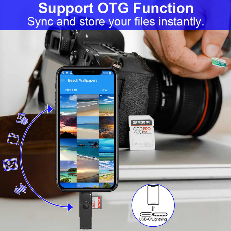 USB C Lightning SD Card Reader for iPhone 15 iPad Mac - 2 in 1 Micro SD/SD Card Adapter(Read two cards simultaneously), Portable Digital Camera Adapter Memory Card Reader, Plug and Play