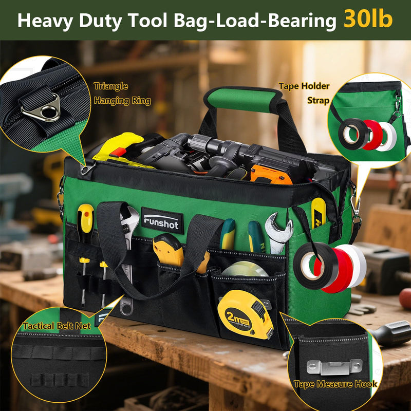 16 Inch Heavy Duty Tool Bag, Compact Tool Organizer with 17 Pockets, Wide Mouth Tool Tote with Adjustable Shoulder Strap, Portable Work Bag for Electricians, Mechanics, Contractors, DIY & Home Repair Green 15.6"L x 8.3"W x 9.5"H