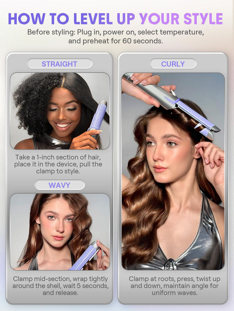 SHEGLAM Hair Curler and Straightener, Manual Airflow Styler, 360° Cool Air Lock, 2 in 1 Hair Straightener & Curler, Anti-Scald Flat Iron, Fast Curling Straightening Less Damage for Long Short Hair