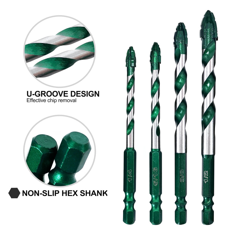 FEWELL Serrated Eccentric Masonry Drill Bit 10pcs, Tile Drill Bit 1/8”-1/2” | Four-Edge Serrated Concrete Drill Bit for Concrete Glass Brick Cement Tile Marble Wood