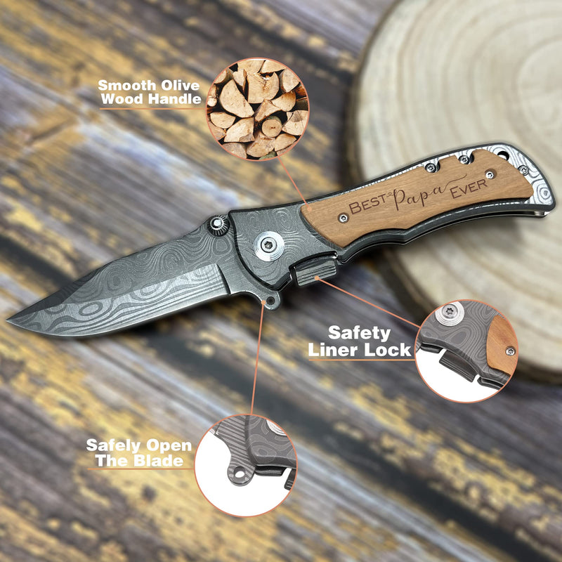 XJF Engraved Pocket Knife Gift for Papa, Best Papa Ever, Father's Day, Birthday Gift for Papa from Grandson Granddaughter, Hiking Camping Gifts for Papa