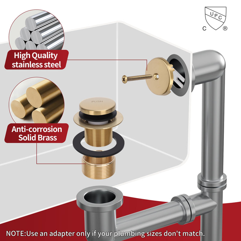PRIMSOPH Tip-Toe Tub Drain Trim Kit with One Hole Overflow Faceplate Conversion Kit Assembly Universal Fine Coarse Thread Replacement Brushed Gold