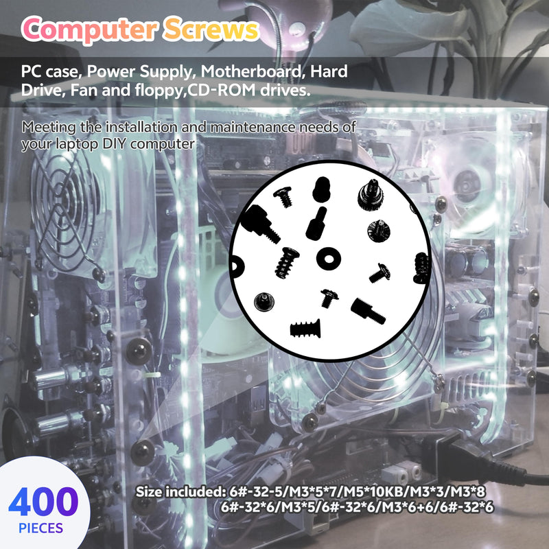Matell 400Pcs Computer Screws Standoffs Kitfor Universal Motherboard, HDD, SSD, Hard Drive,Fan, Power Supply, Graphics, PC Case for DIY instaliiation and Repair