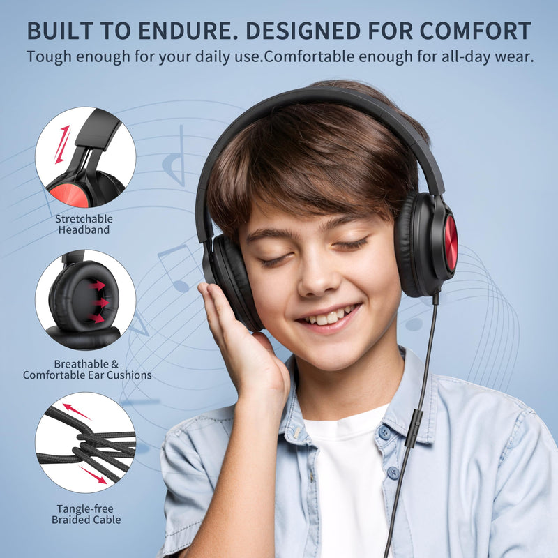 AILIHEN Kids School Headphones with Mic & 3.5mm Jack for K-12 Students-Red | Classroom,Travel & Daily Use, Duarable, Adjustable & Foldable, Kids & Teens, For Chromebook & Tablet, Lightweight Red