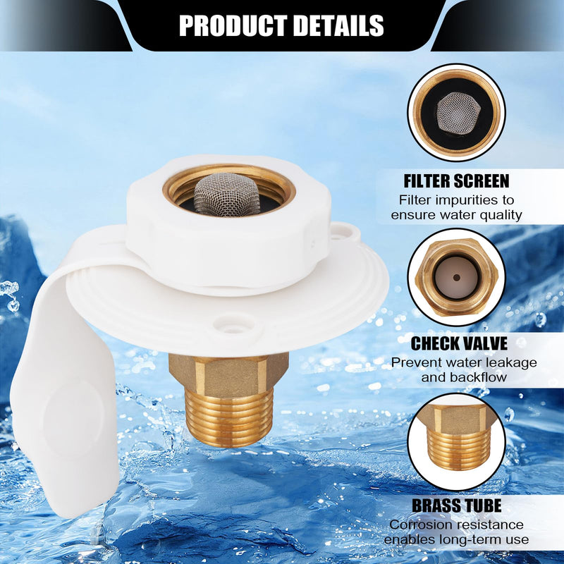 RV Water Inlet, 3/4 NH Female to 1/2 NPT Male, Built-in Check Valve, Made of Brass Material, Leak Proof and Durable, Easy to Install, Perfect for Travel Trailers and RVs