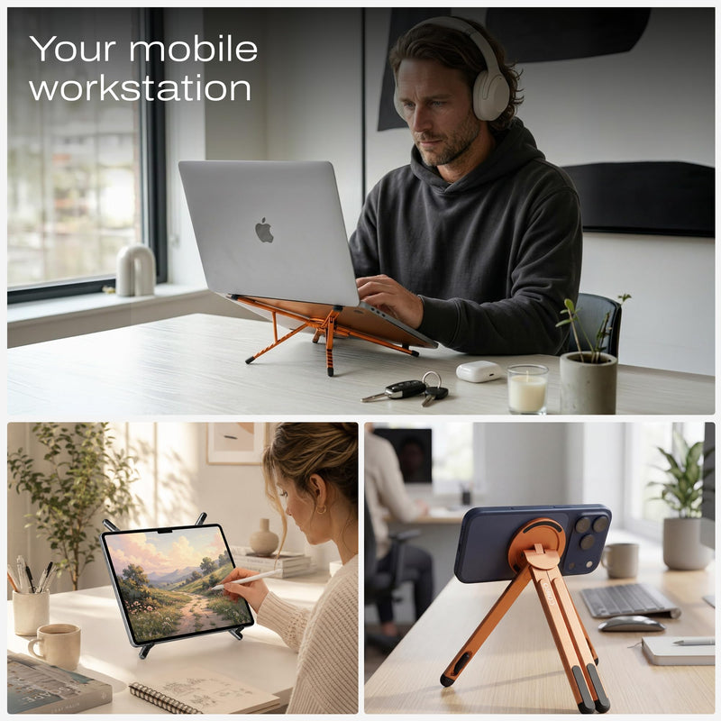 3-in-1 Magnetic Foldable Laptop Stand and Phone Stand for Desk Aluminum Alloy Adjustable Holder 10–16” Laptops & 4–13” Phones/Tablets, Magnetic Compatible with iPhone Android, Orange