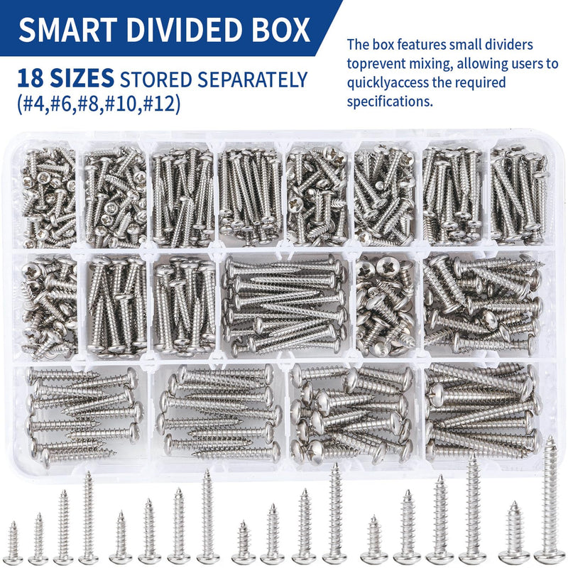 600 PCS 304 Stainless Steel Wood Screws Assortment Kit, Assorted Sheet Metal Screws #4/#6/#8/#10/#12 Phillips Pan Head Self-Tapping Screws Set, Assorted Wood Screws, Length 3/8" to 1-1/2" (Silver) Silver
