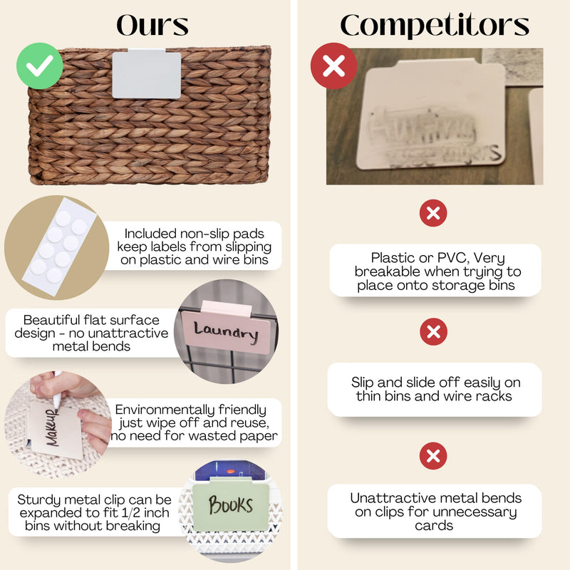 Hygge & Sage: Metal Non-Slip Basket Labels Clip On for Storage Bins, or Wire Racks | Includes 8 Labels, 8 Non-Slip Pads, and 1 Free Marker (White) White