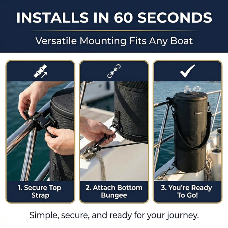 Premium Boat Trash Can with 2 Side Pockets and Bottom Zipper Opening — 100% Odor & Leak Resistant Boat Trash Bag, Easy to Install & Clean — Compatible with 10-13 Gal Garbage Bag