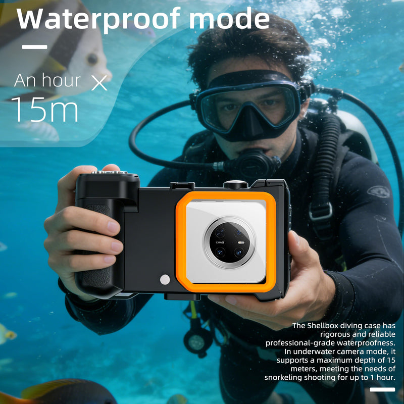 Diving Case for iPhone & Galaxy, 49FT/15M, Bluetooth Shutter | Anti-drop housing helps protect the phone for underwater photos while snorkeling or diving and comes in black-orange. Black Orange