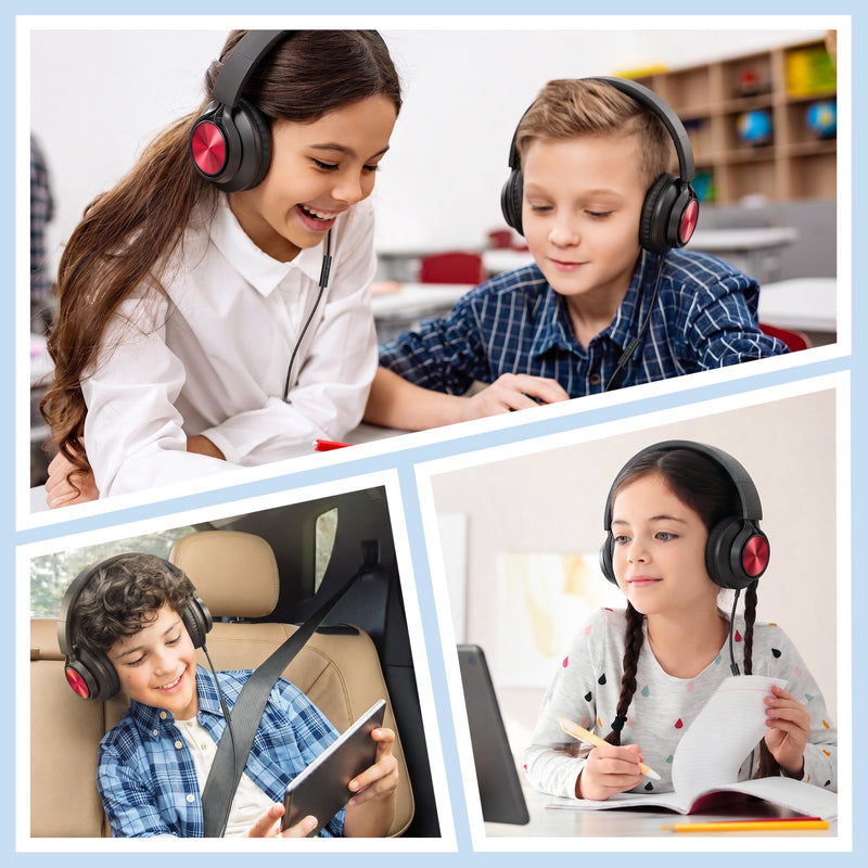 AILIHEN Kids School Headphones with Mic & 3.5mm Jack for K-12 Students-Red | Classroom,Travel & Daily Use, Duarable, Adjustable & Foldable, Kids & Teens, For Chromebook & Tablet, Lightweight Red