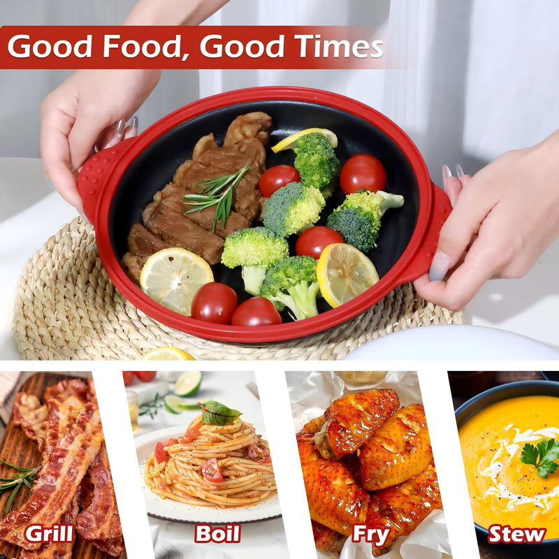 Microwave Grill Pan with Glass Splatter Cover（BPA Free） | Nonstick Microwave Crisper Pan & Cookware Accessories for Grilling Meat, Sandwich, Chicken Wings, Sausage,Dishwasher Safe Red+Glass