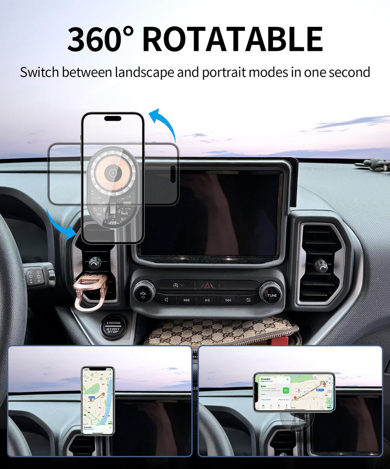Wireless Charging car Phone Holder for Ford Bronco Sport 2021-2024 Accessories 8 inch Screen Fixed Clip,360° Rotation car Phone Mount Compatible with MagSafe