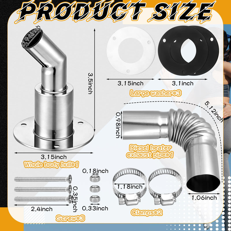 Blulu Thru Hull Skin Diesel Heater Pipe 24mm Tube Pipe Socket Hardware 316 Stainless Steel Tube Elbow Connector with 2 Clamps for Boats Car Truck Diesel Heaters Curved Head