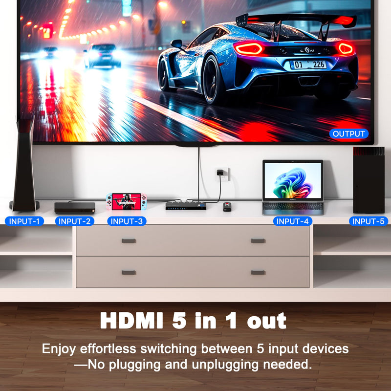 HDMI Switch 5 in 1 Out 8K@60Hz 4K@120Hz - HDMI 2.1 Switcher with Remote, Auto-Switching - Supports HDCP 2.3, HD R10, Dolby Vision, 3D, VRR - Compatible with PS5/Xbox/PC/Blu-ray Player 8K HDMI Switcher 5 port