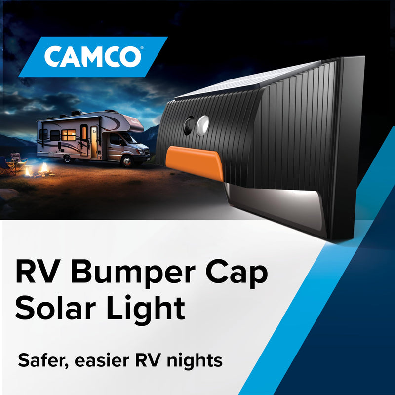 Camco RV Bumper Cap Solar Light — Motion-Activated Lighting – Fits 4" Square RV Bumpers – Helps Keep Bugs Out & Allows for RV Sewer Hose Storage Inside Bumper (40332)