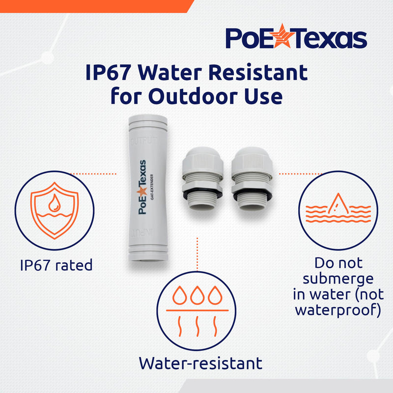 PoE Texas Outdoor PoE Repeater - Plug & Play IP67 Waterproof Extender Expands 22 Watts of Power & Gigabit Data up to 330' to High Powered Devices - Compatible with IEEE 802.3af/at Switch or Injector