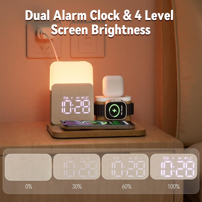 7 in 1 Wireless Charging Station, 25W Charger with Alarm Clock Night Light | 25W Bedside charging stand compatible with iPhone 17/16/15/14/13/12 Pro Max, Apple Watch, AirPods for bedroom daily use Wood