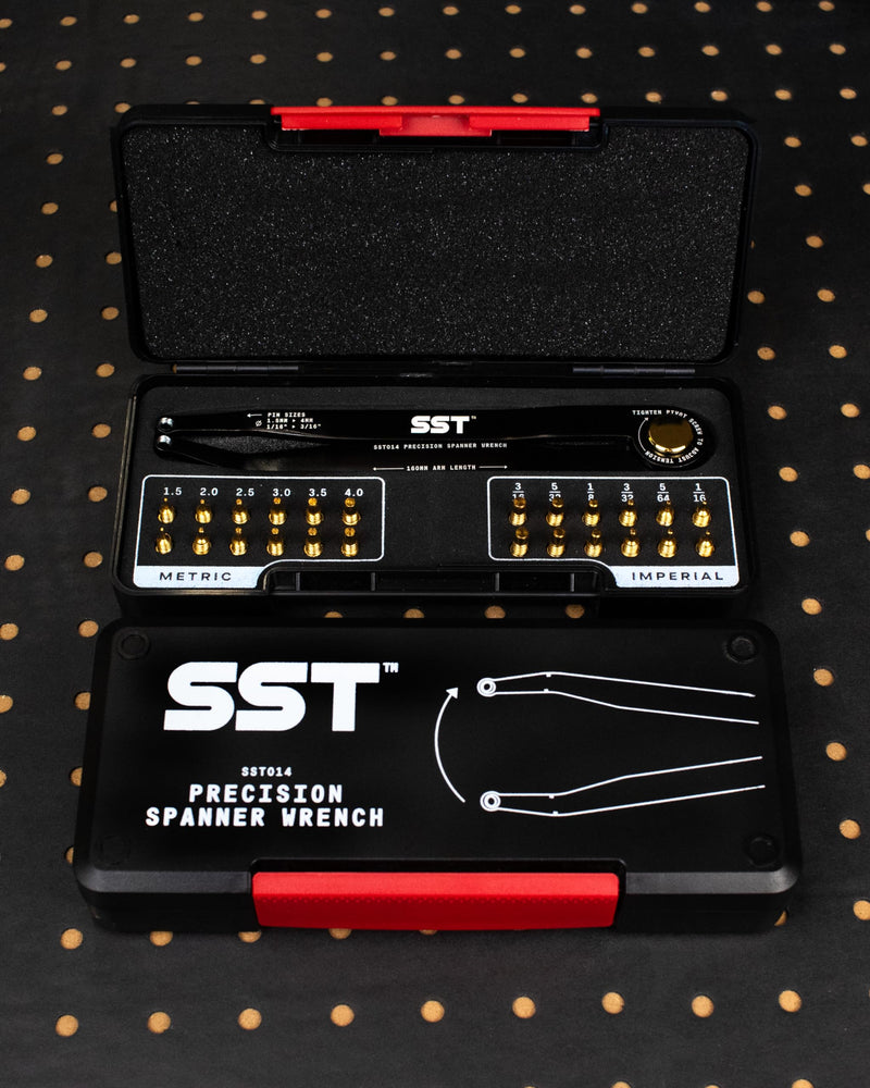 SST® - Precision Spanner Wrench – For Obscure Hardware & Fasteners – Includes 12 Metric & Imperial Steel Pin Sizes – Adjustable Tension – 160mm Arm – 180° Movement – With Storage Case