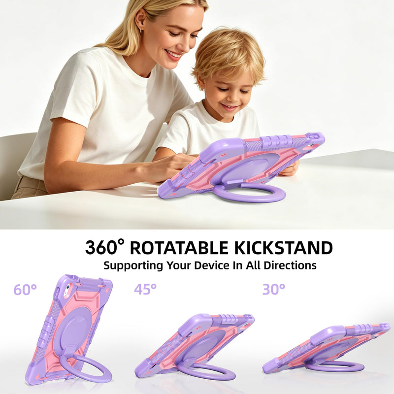 Case for iPad (A16) 11th Generation 11 inch 2025/10th Generation 10.9 inch 2022, Shockproof Cover with Screen Protector/360° Rotate Handle/Bracket/Pen Holder/Shoulder Strap (Purple+Pink) Purple+Pink