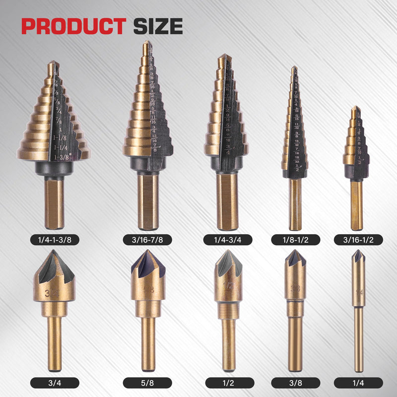 5Pcs Step Drill Bit & 5Pcs Countersink Drill Bit Set, Titanium Coated, HSS Step Bit, 50 Sizes of Step Bit for Metal with Aluminum Case, Multiple Hole Stepped Up Bits for DIY 11pcs