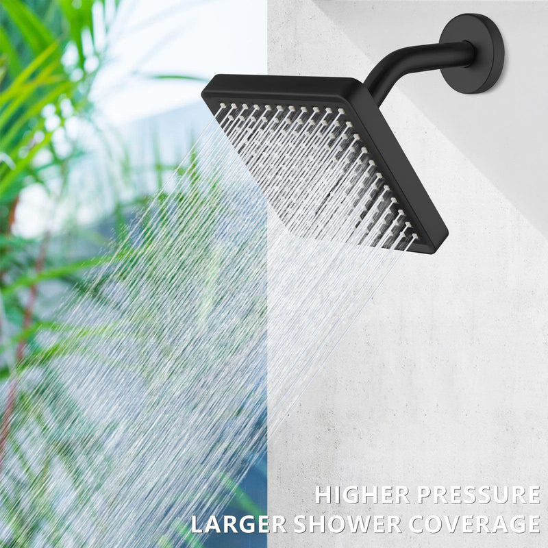 High Pressure Rain Shower Head with 6'' Shower Arm - High Flow Square Rainfall Showerhead - Luxury Modern Look - Pressure Boosting (Matte Black) Matte Black