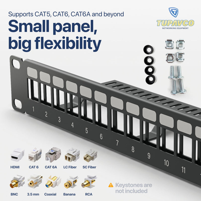 10" Patch Panel for Mini Network Rack (12 Port) - Tupavco TP410 | Keystone patch panel for mini network rack (10 inch) cable management, keystone jacks not included