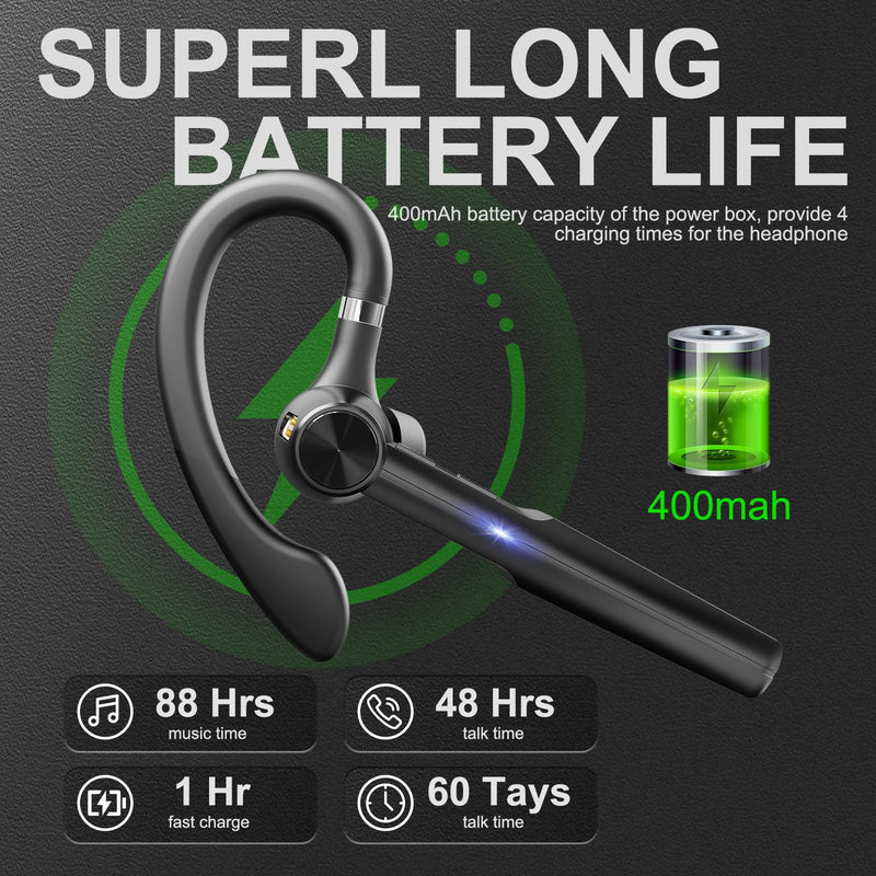 Bluetooth 5.3 Headset, 60Hrs Single Ear Earpiece with Mic | LED Charging Case, Noise Cancelling Mic, Hands-Free Calls for Business, Driving & Meetings Black