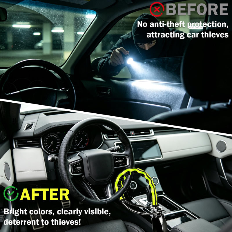 Steering Wheel Lock with Seat Belt Lock – Double Anti-Theft, High Visibility Reflective Strip, 3 Keys, Universal Fit for Cars, SUVs, Vans, Yellow and Black