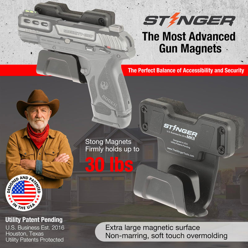  [AUSTRALIA] - Stinger car Holsters for Pistols — Universal Magnetic Gun Mount with Trigger-Guard Receptacle, 30 lb Neodymium Magnet, Protective Rubber Coating — Mounts in Car, Truck, Home, Safe or Wall
